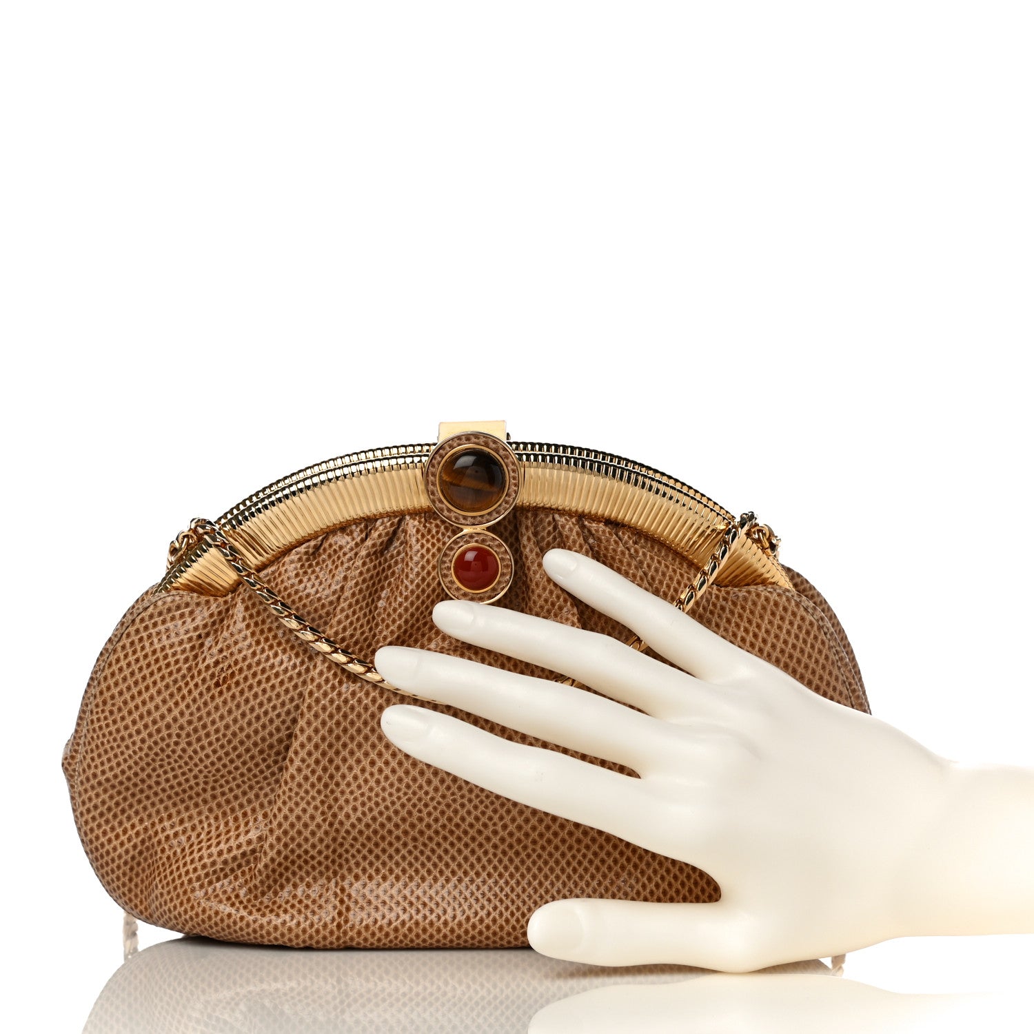 Judith Leiber Lizard Embossed Pleated Evening Bag Brown Gold 2 of 9