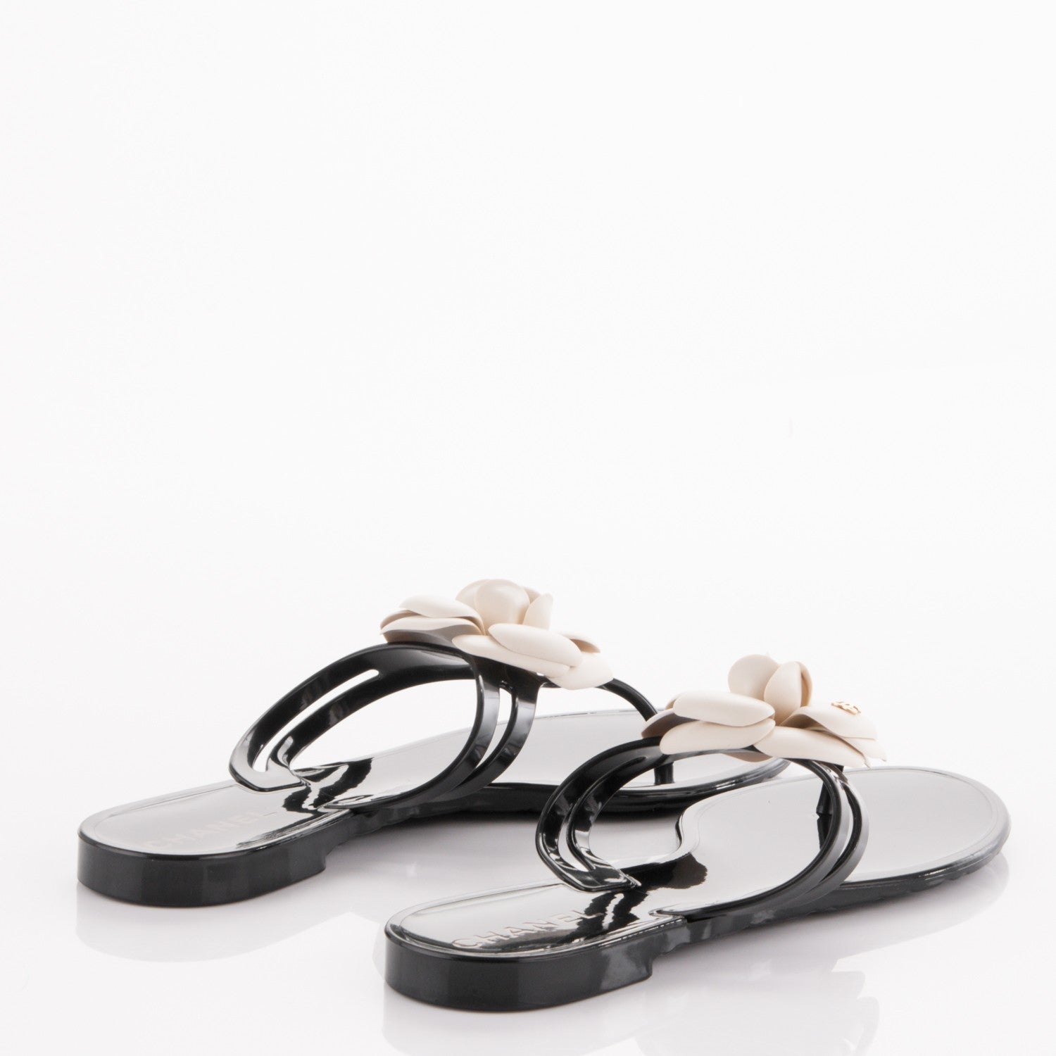 Chanel Jelly Camellia Thong Sandals 38 Black Ivory 4 of 7
