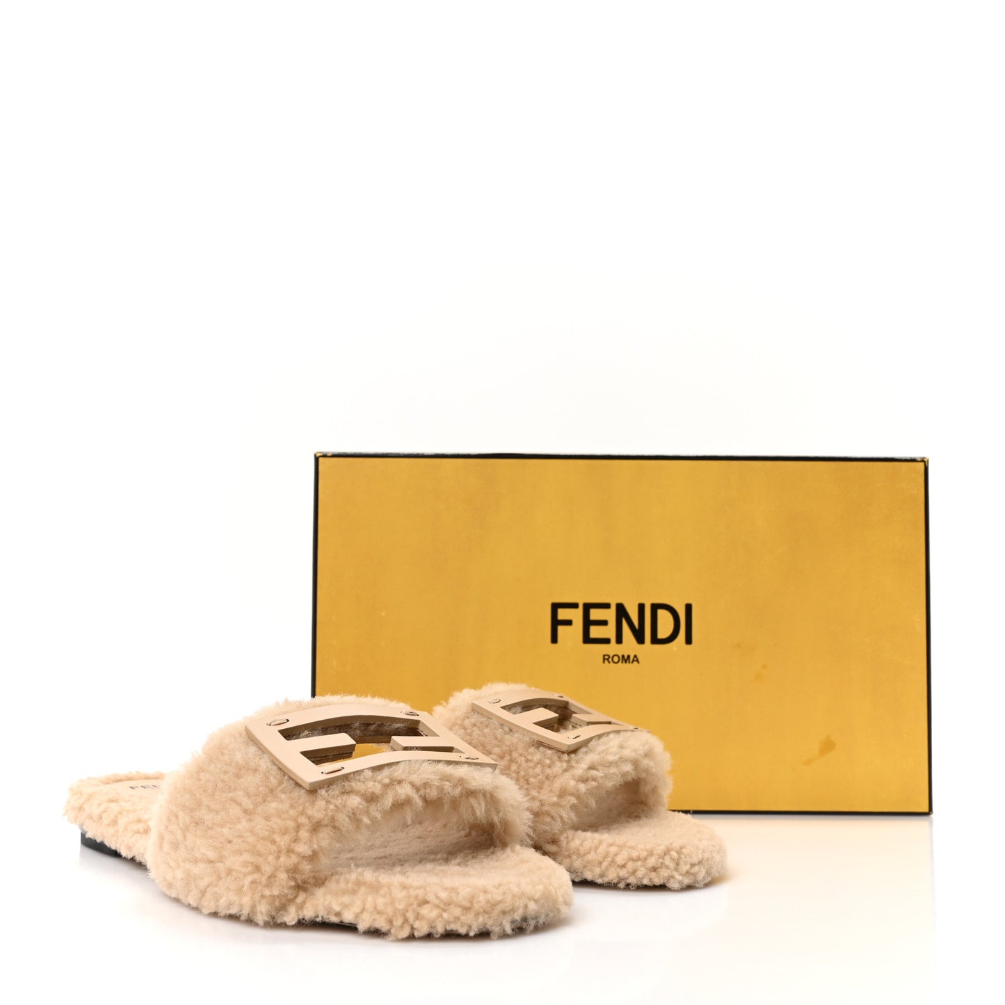 Shearling FF Baguette Slide Sandals 38.5 Beige Naturale