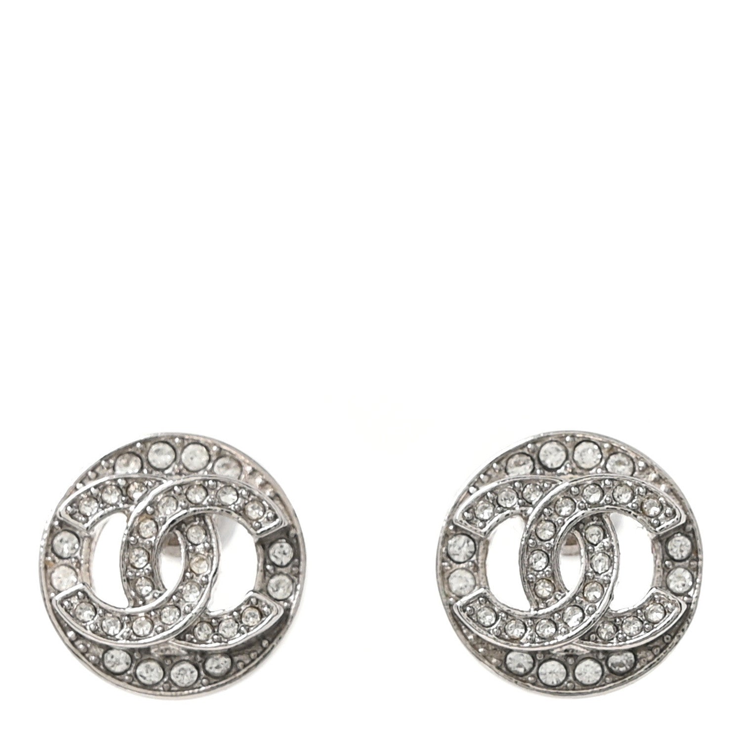 Chanel Crystal CC Round Earrings Silver 1 of 5