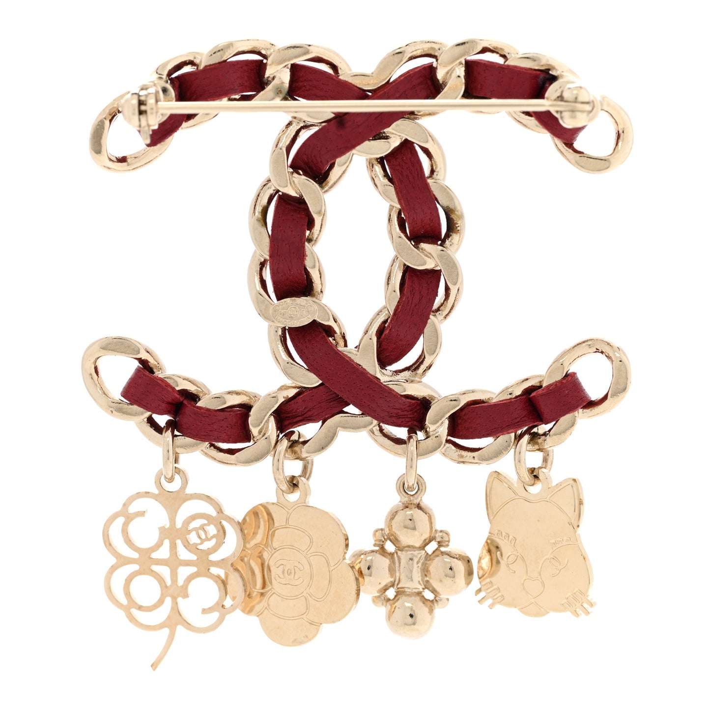 Lambskin Crystal Chain CC Charms Brooch Burgundy Gold