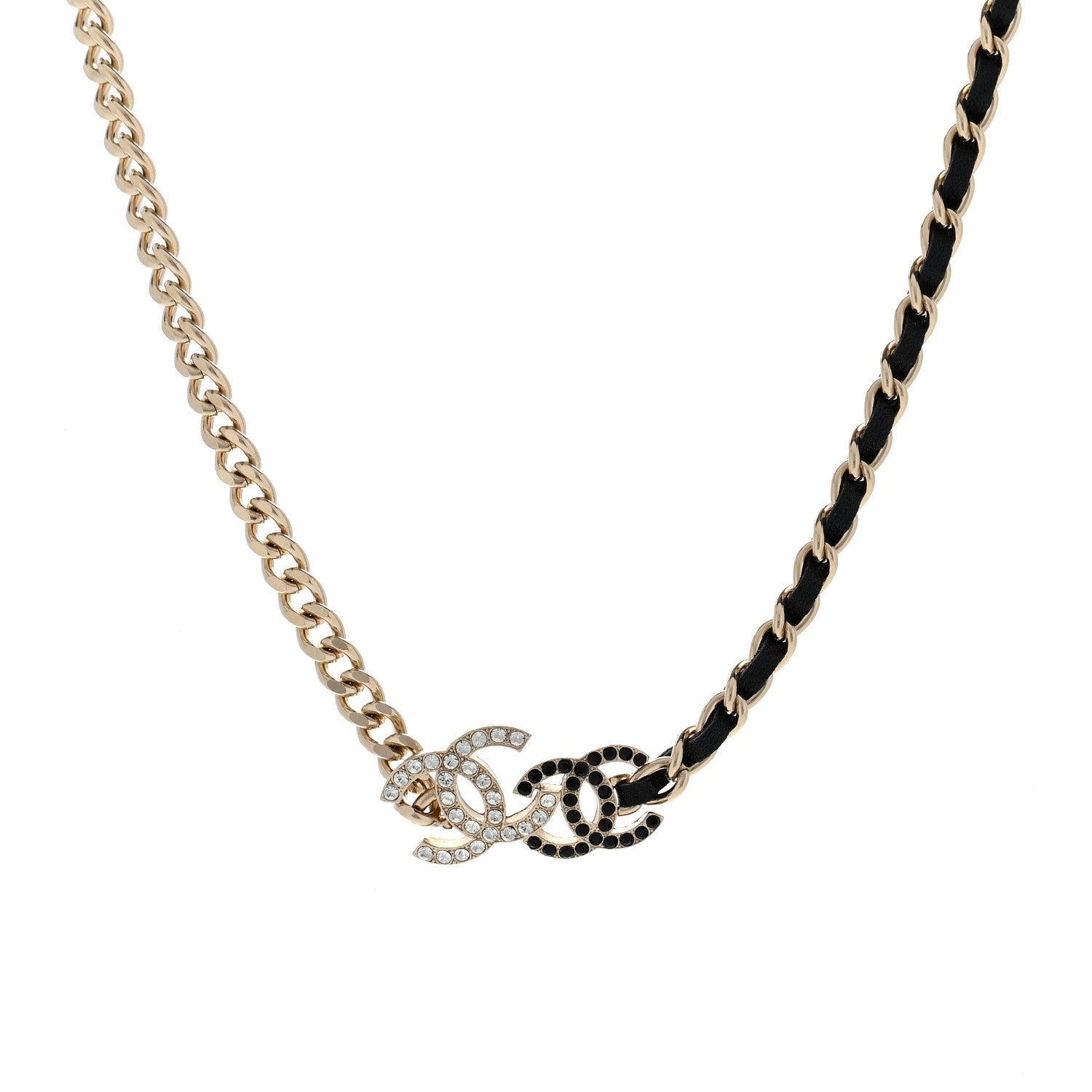 Chanel Metal Calfskin Crystal Double CC Short Necklace Black Gold 1 of 4
