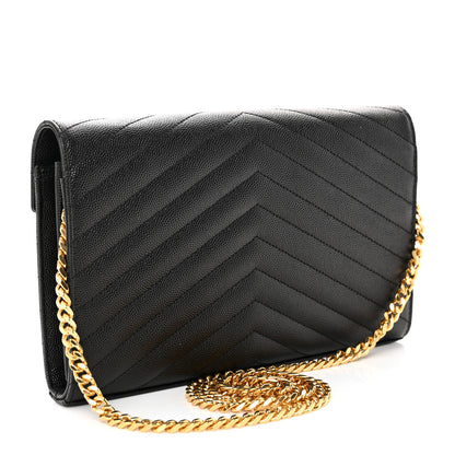 Saint Laurent Grain De Poudre Matelasse Chevron Monogram Chain Wallet Black 3 of 9
