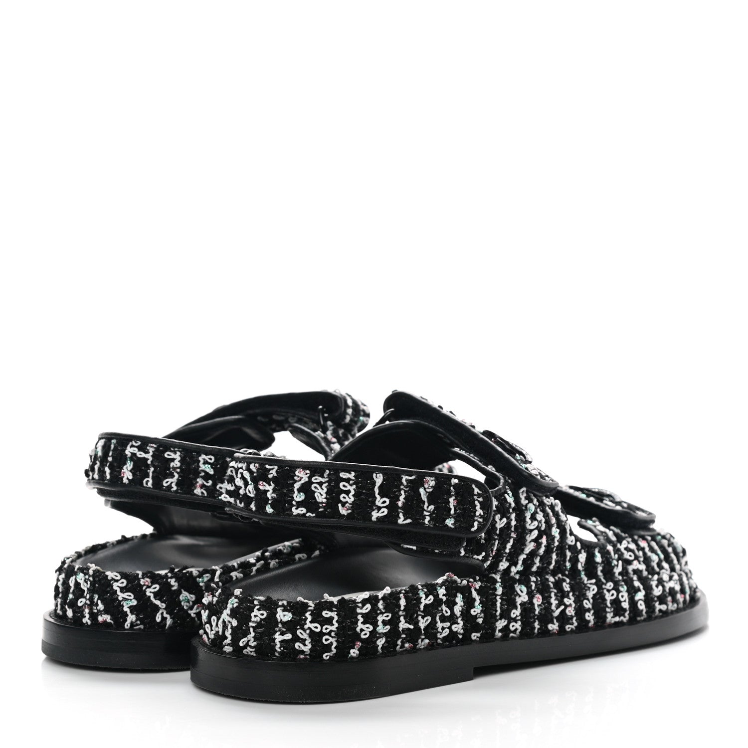 Chanel Tweed Velcro Dad Sandals 36.5 Black White 4 of 9