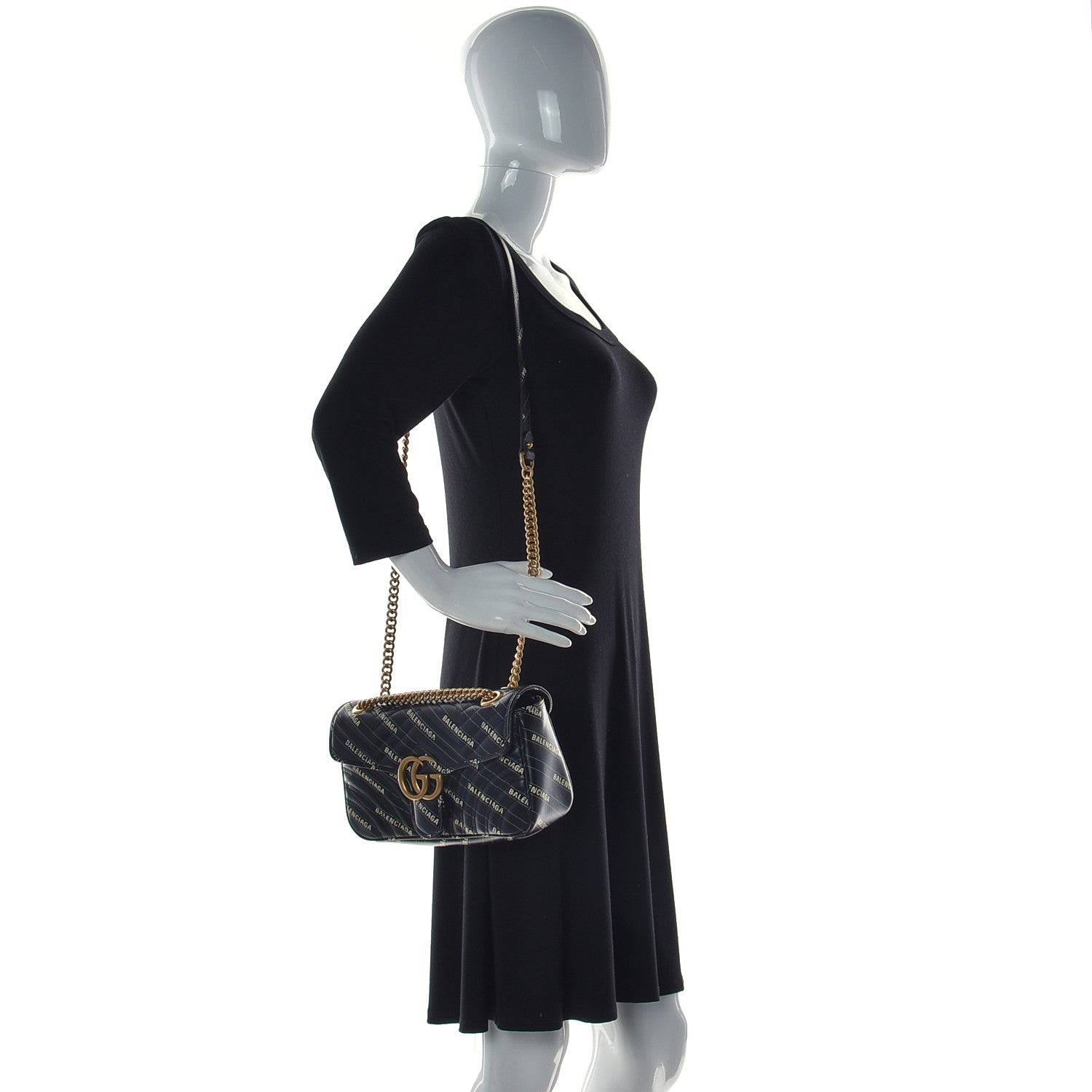 Gucci X BALENCIAGA Calfskin Matelasse Logo Print Small GG Marmont Shoulder Bag Black 2 of 11