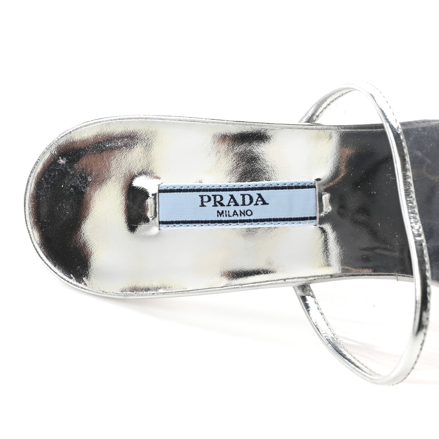 Prada Plexiglass Metallic Calfskin Metal Triangle Logo 75mm Slide