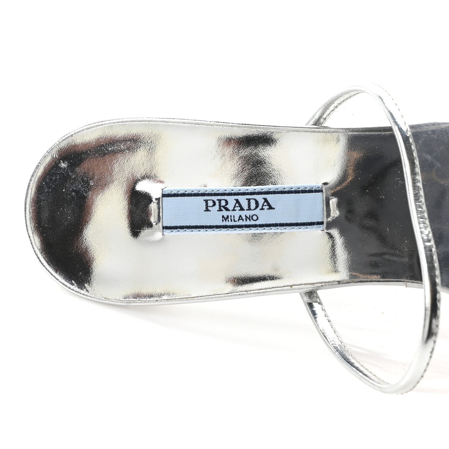 Plexiglass Metallic Calfskin Metal Triangle Logo 75mm Slide Sandals 38 Argento