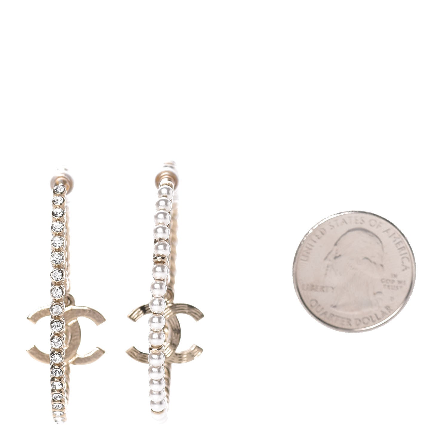 Chanel Crystal Pearl CC Drop Hoop Earrings Gold Pearly White 2 of 5