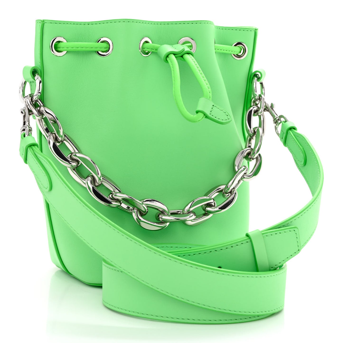Calfskin Drawstring Logo Bucket Bag Green