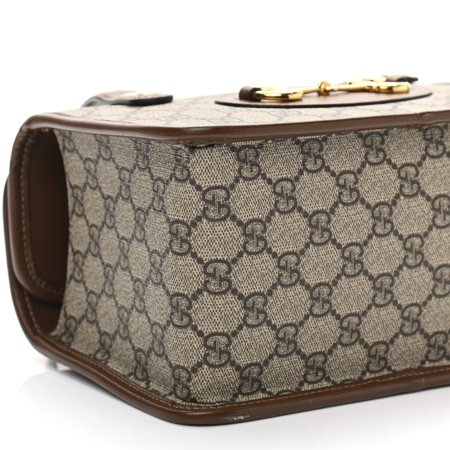 GG Supreme Monogram Azalea Calfskin Mini Horsebit 1955 Foldover Top Handle Bag Beige Ebony Brown Sugar