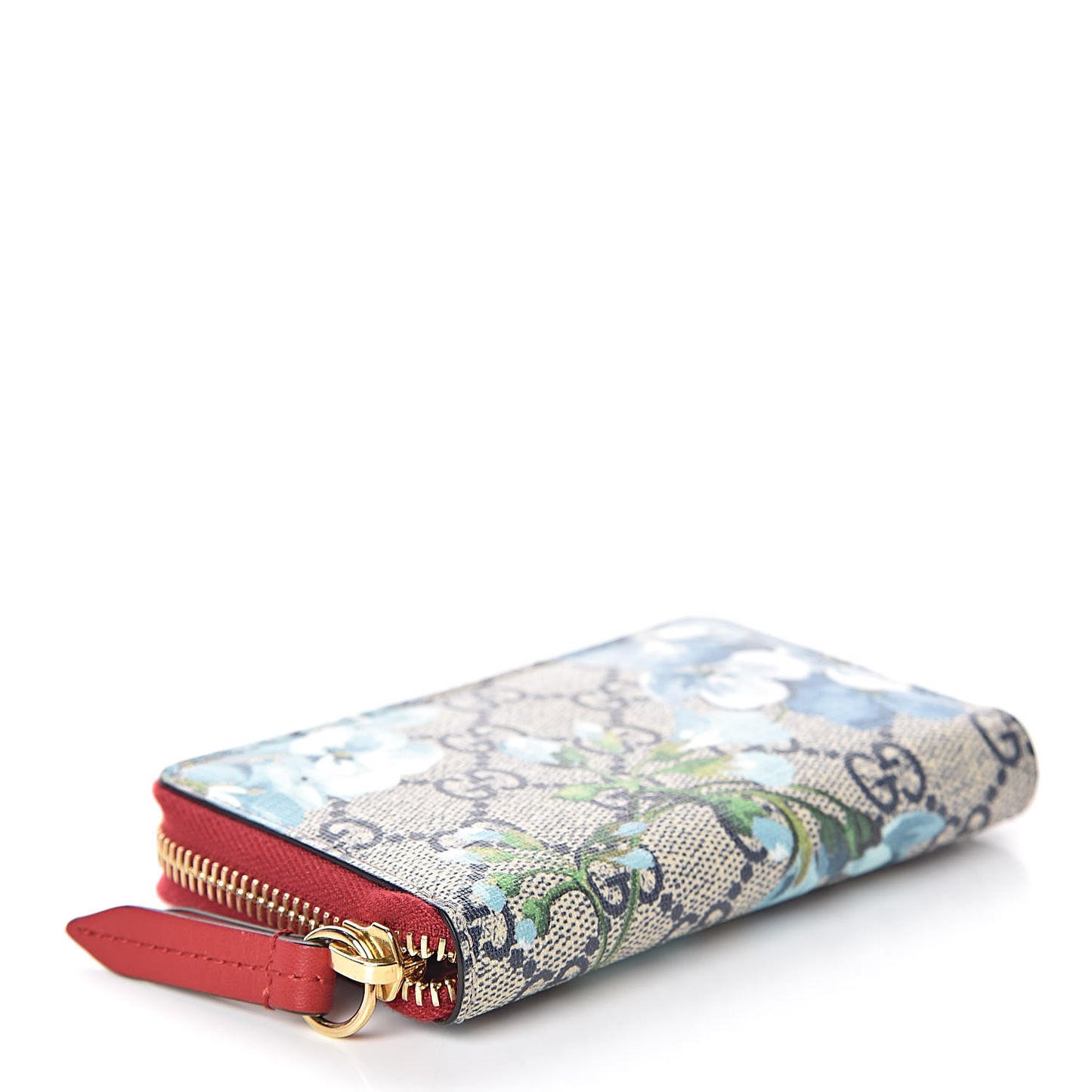 GG Supreme Monogram Blooms Zip Around Card Case Wallet Beige Blue Navy Hibiscus Red