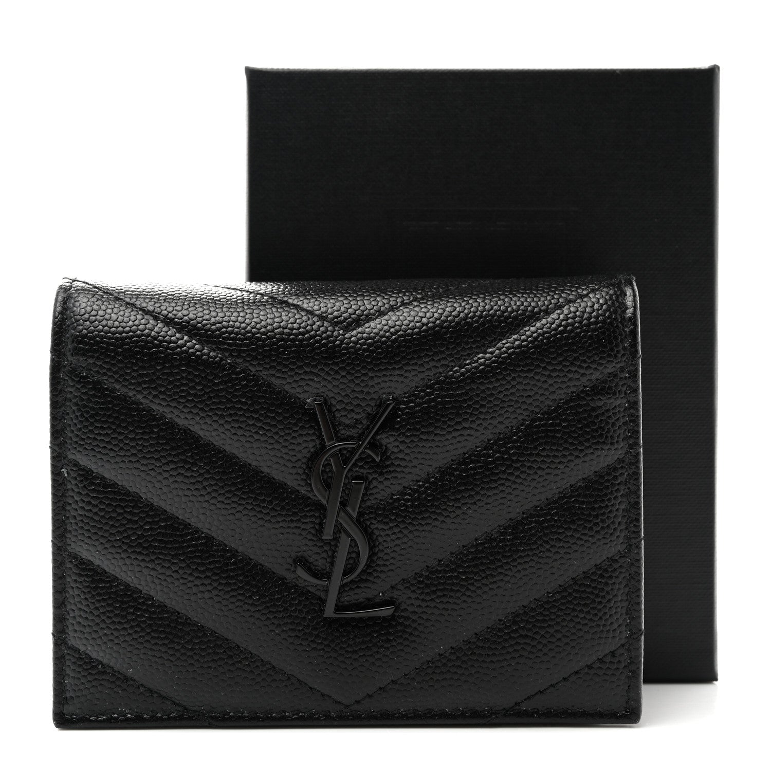 Saint Laurent Grain De Poudre Matelasse Chevron Monochrome Monogram Flap Card Case Black 10 of 10