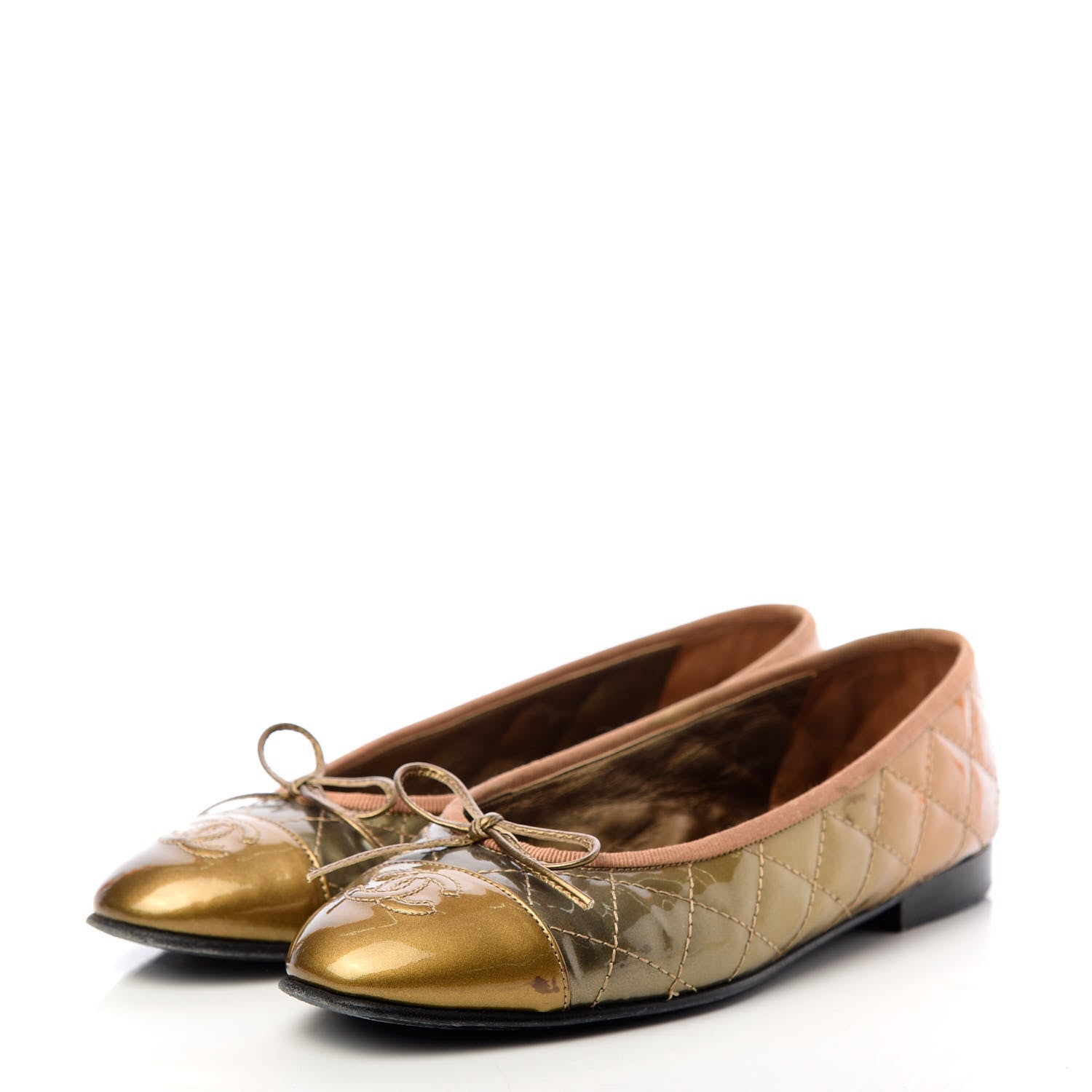 Chanel Metallic Patent Quilted CC Cap Toe Ballerina Flats 37.5 Bronze Grey 3 of 11