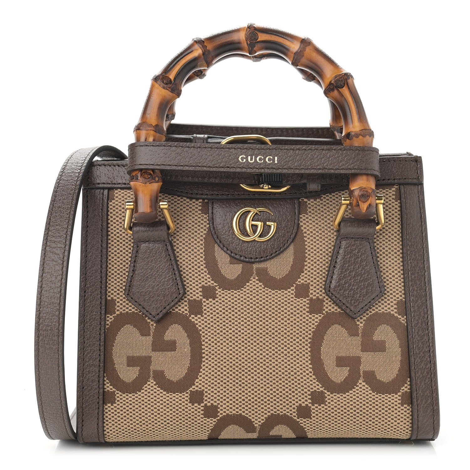 Gucci Monogram Jumbo GG Textured Dollar Calfskin Mini Diana Tote Bag Camel Ebony New Acero 1 of 10