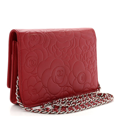 Chanel Lambskin Camellia Embossed Wallet On Chain WOC Red 3 of 12