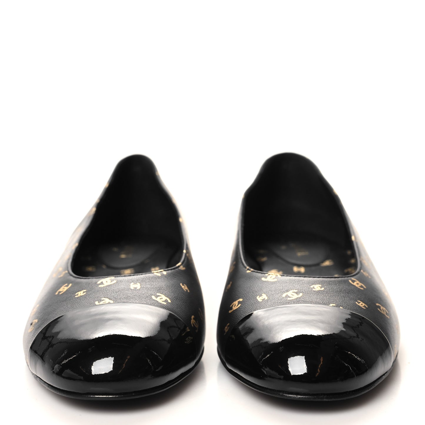 Lambskin Patent Calfskin Printed CC Cap Toe Ballerina Flats 38 Black Gold