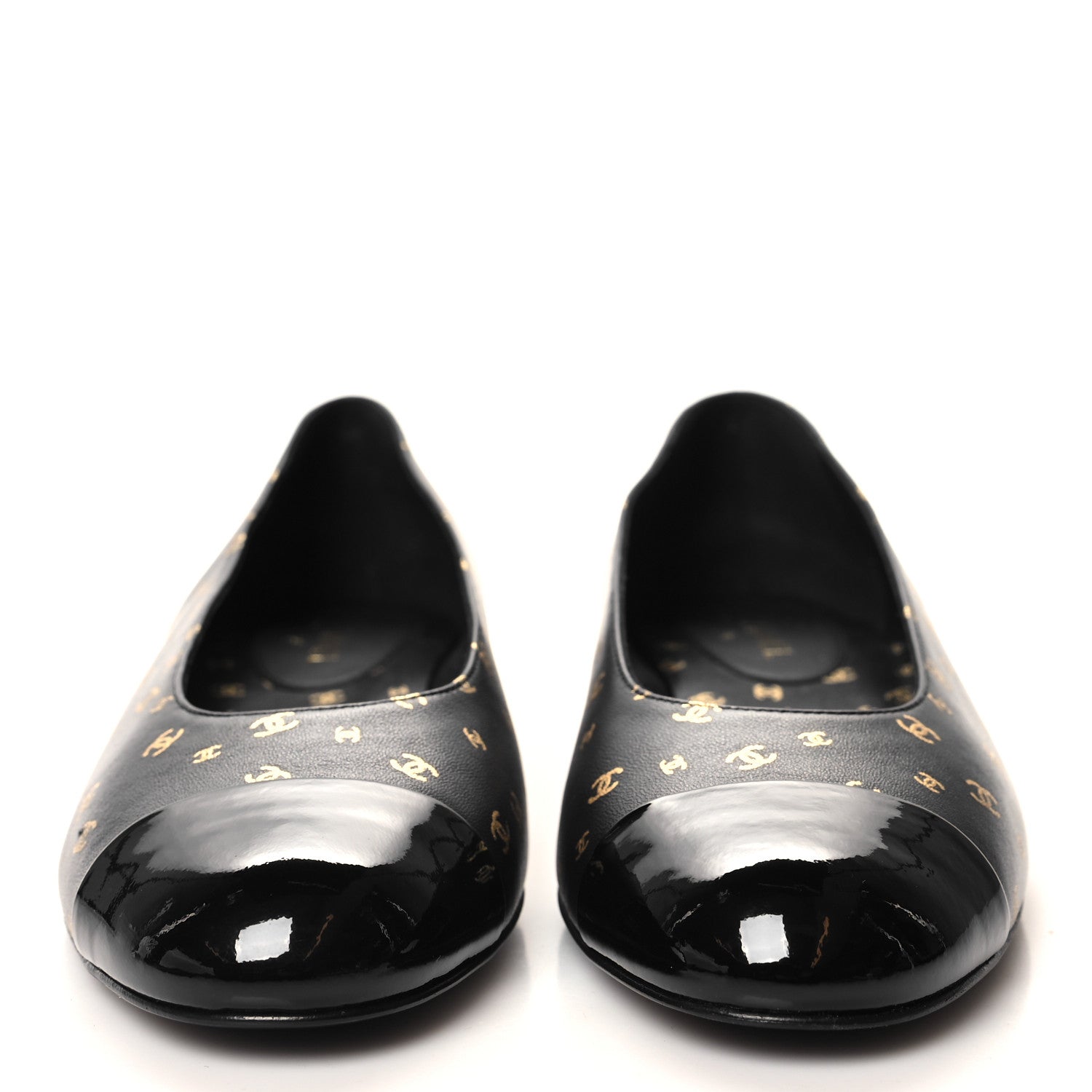Chanel Lambskin Patent Calfskin Printed CC Cap Toe Ballerina Flats 38 Black Gold 2 of 9