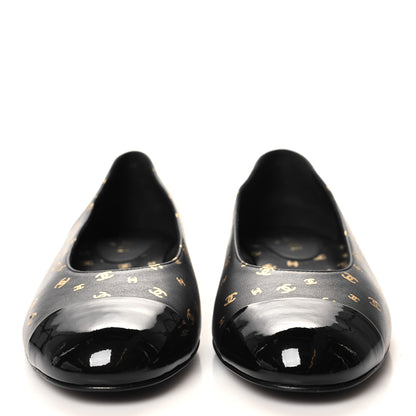 Chanel Lambskin Patent Calfskin Printed CC Cap Toe Ballerina Flats 38 Black Gold 2 of 9