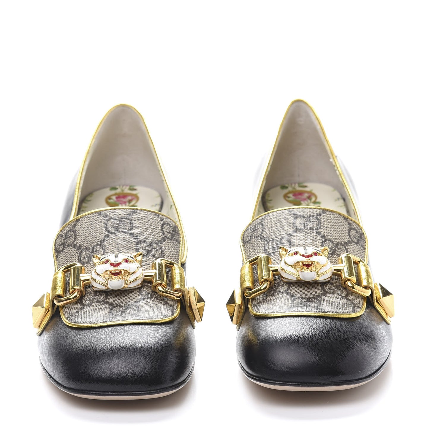 Malaga Kid Nappa GG Supreme Monogram Tiger Head Mid Heel Loafer Pumps 36.5 Black Oro Vecchio Beige