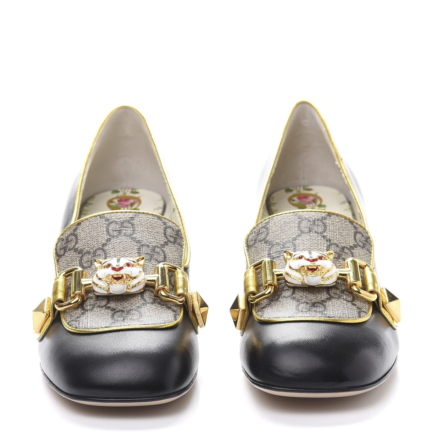 Gucci Malaga Kid Nappa GG Supreme Monogram Tiger Head Mid Heel Loafer Pumps 36.5 Black Oro Vecchio Beige 2 of 8