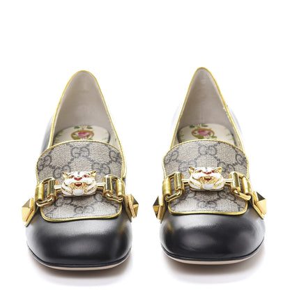 Gucci Malaga Kid Nappa GG Supreme Monogram Tiger Head Mid Heel Loafer Pumps 36.5 Black Oro Vecchio Beige 2 of 8