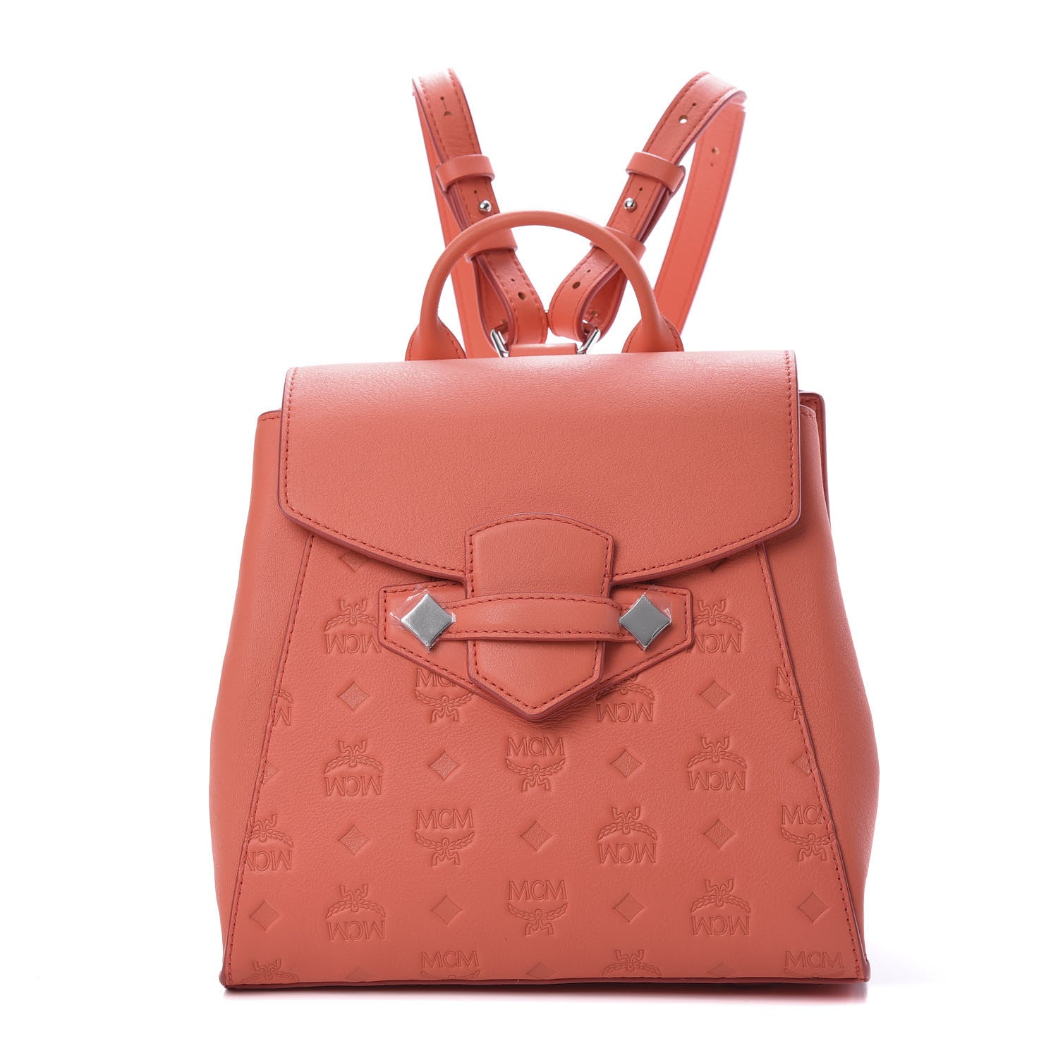 MCM Calfskin Essential Monogram Small Backpack Hot Coral 1 of 9