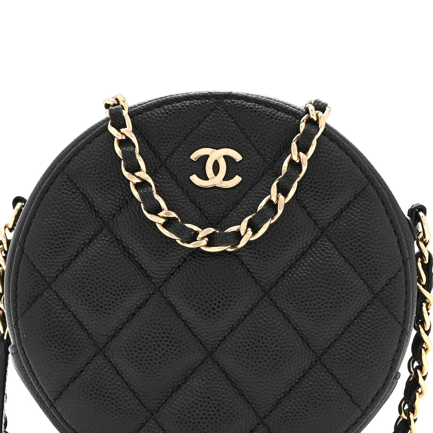 Caviar Quilted Round Clutch With Chain Black