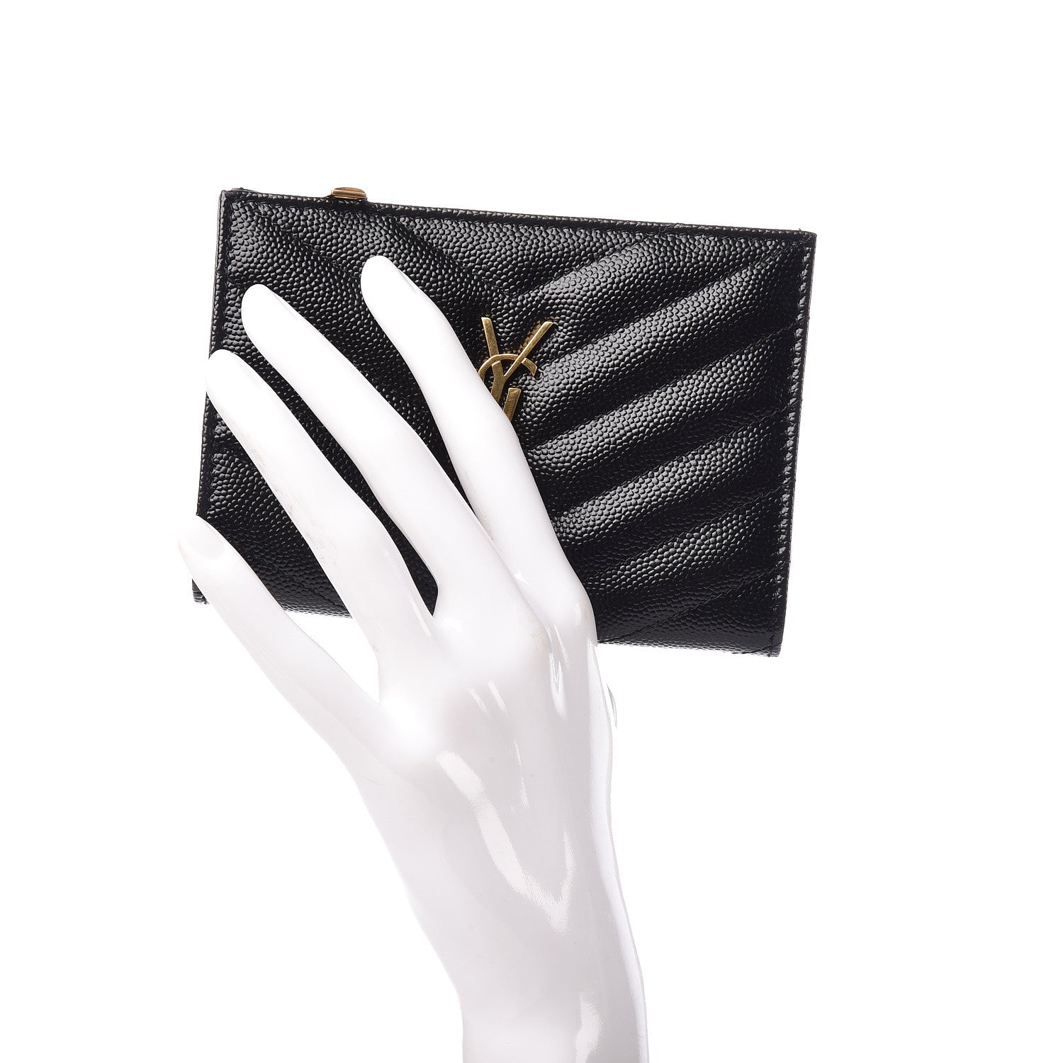 Saint Laurent Grain De Poudre Matelasse Chevron Monogram Zipped Two-Part Wallet Black 2 of 7