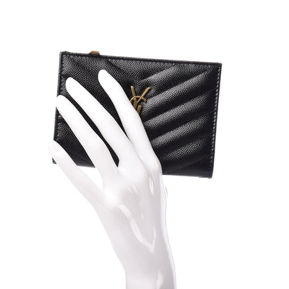 Saint Laurent Grain De Poudre Matelasse Chevron Monogram Zipped Two-Part Wallet Black 2 of 7