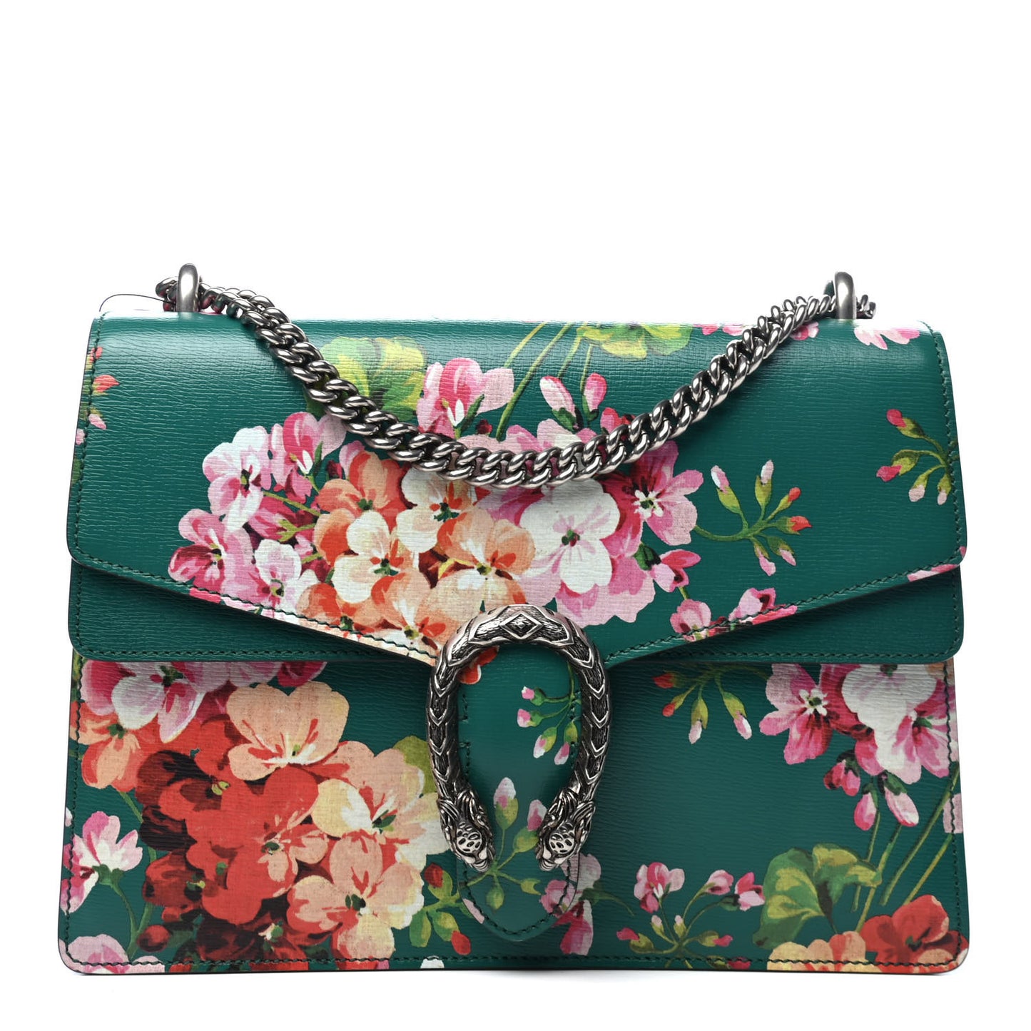 Calfskin Blooms Print Medium Dionysus Shoulder Bag Bright Emerald Multicolor