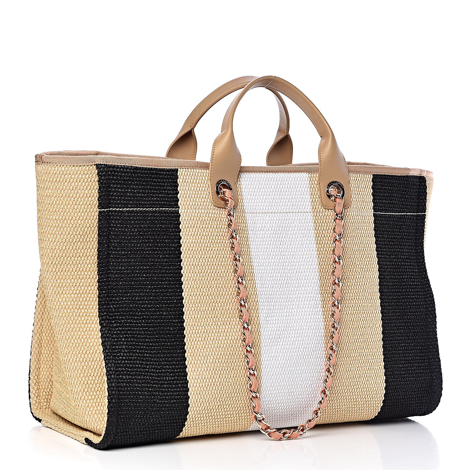 Chanel Straw Raffia Calfskin Striped Large Deauville Tote Black Beige Ivory 3 of 11