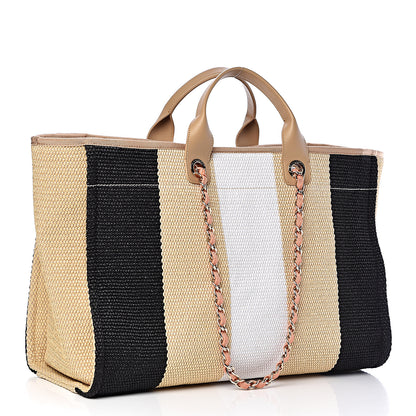 Chanel Straw Raffia Calfskin Striped Large Deauville Tote Black Beige Ivory 3 of 11