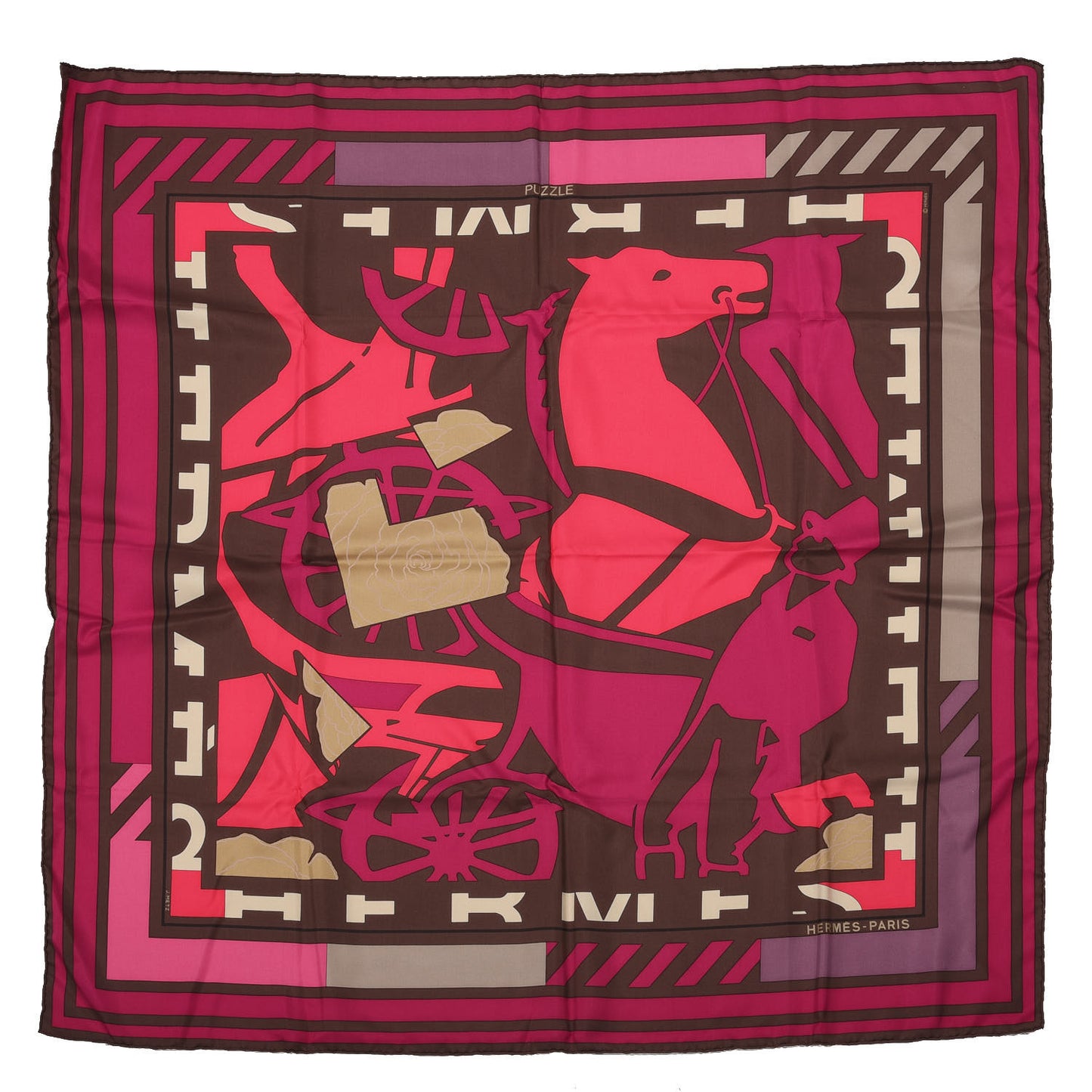 Silk Puzzle Scarf 90 Marron Glace Rose Cassis