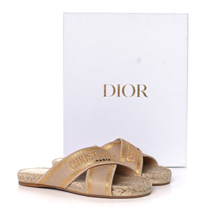Christian Dior Canvas Embroidered Granville Espadrille Crisscross Flat Slide Sandals 36 Gold 9 of 9