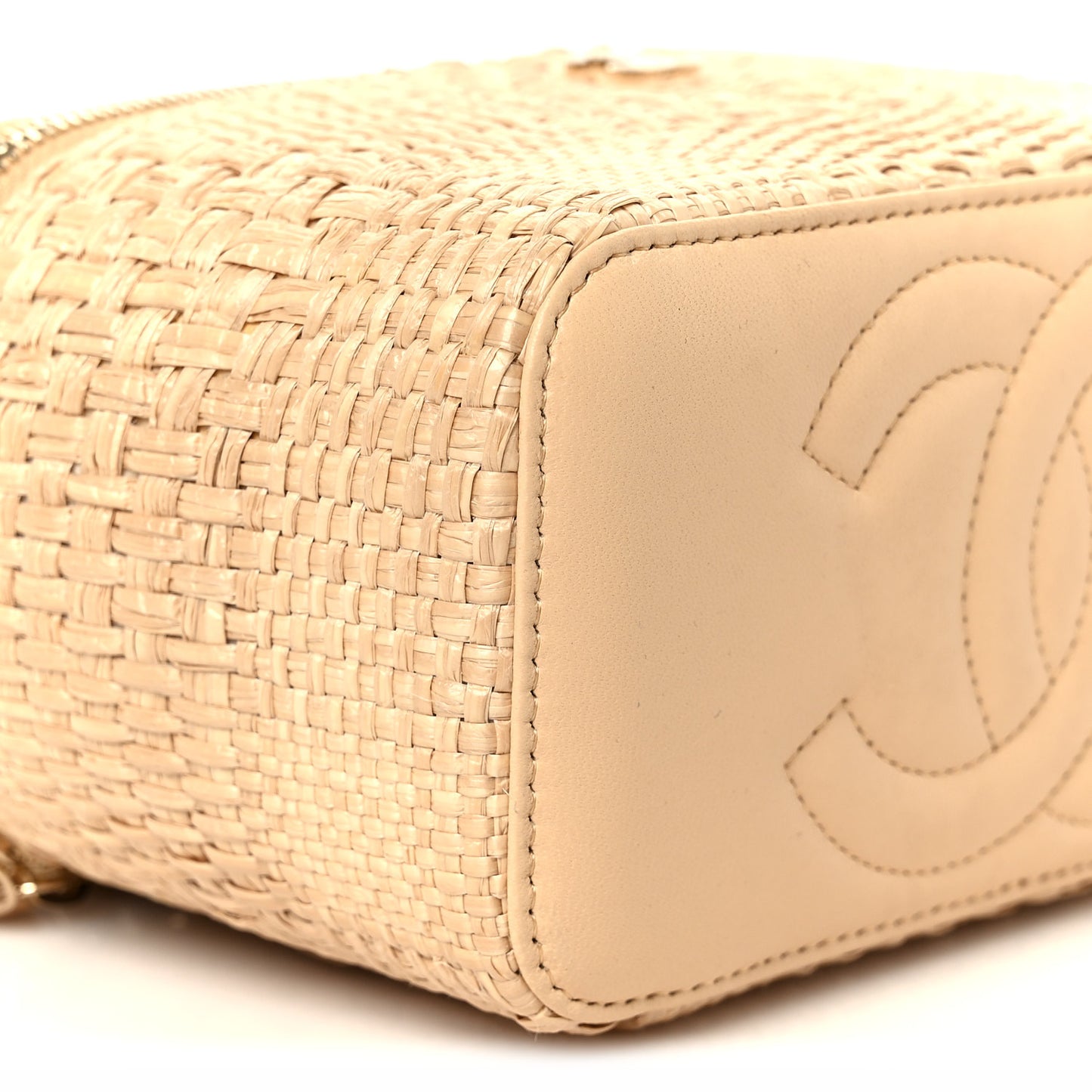 Braided Raffia Quilted Top Handle Slim Vanity Case With Chain Beige