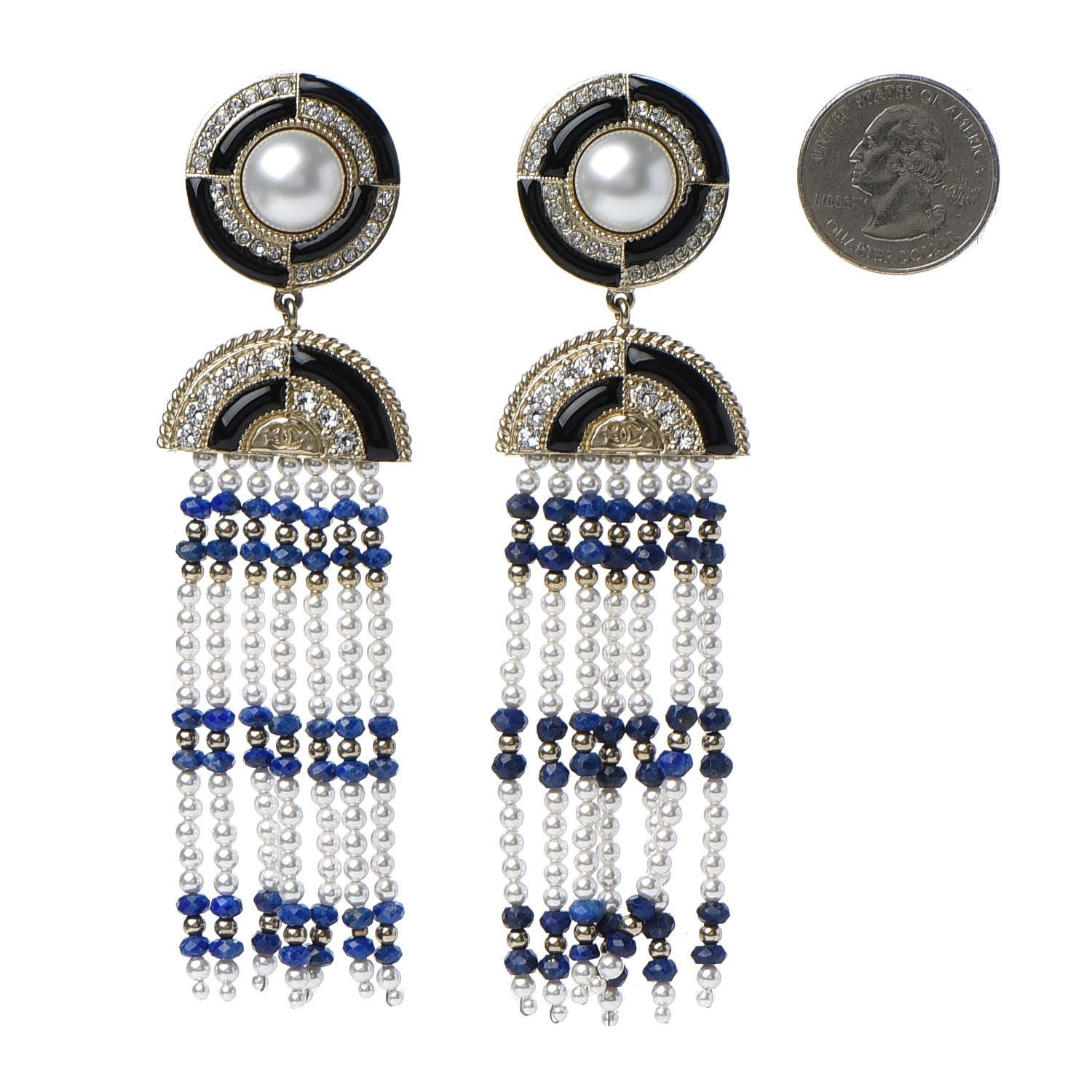 Chanel Resin Pearl Crystal Ramses Jewels Drop Earrings Gold Blue 2 of 5
