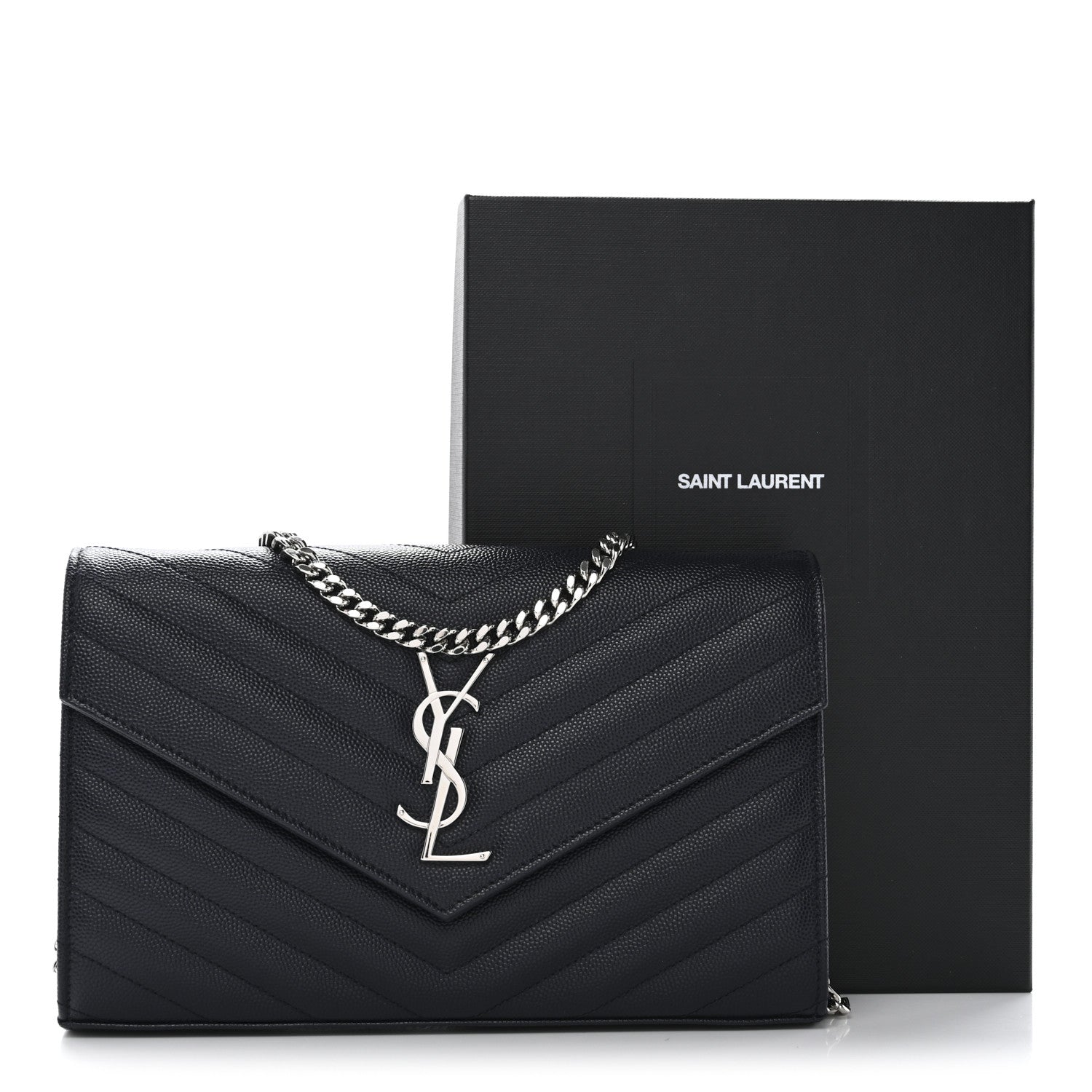 Saint Laurent Grain De Poudre Matelasse Chevron Monogram Chain Wallet Deep Marine 10 of 10