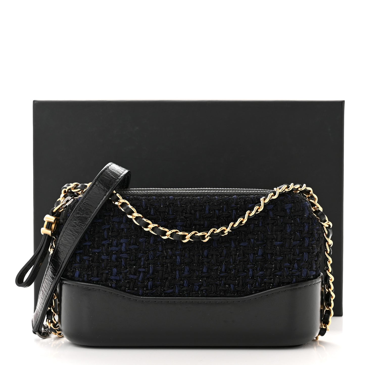 Tweed Aged Calfskin Quilted Small Gabrielle Clutch With Chain Black Blue