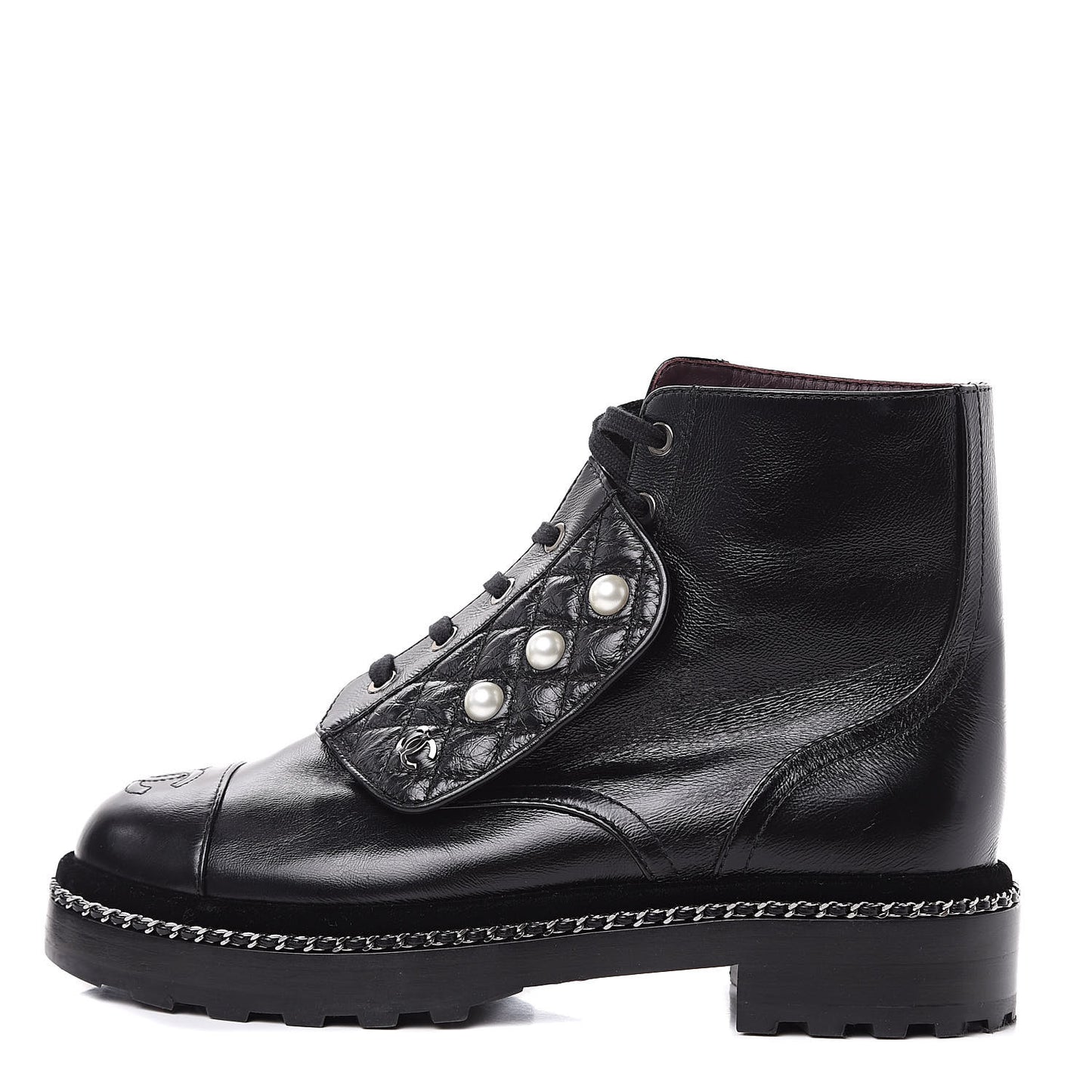 Crackled Calfskin Velvet Pearl Combat Short Boots 38 Black