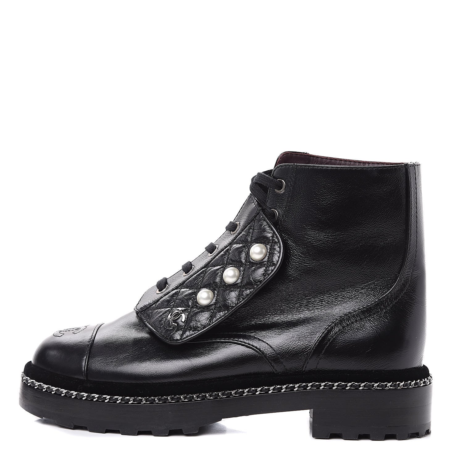 Chanel Crackled Calfskin Velvet Pearl Combat Short Boots 38 Black 1 of 8
