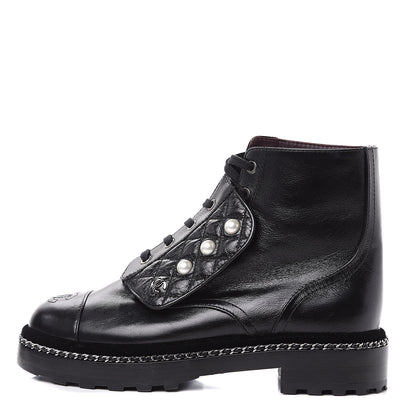 Chanel Crackled Calfskin Velvet Pearl Combat Short Boots 38 Black 1 of 8