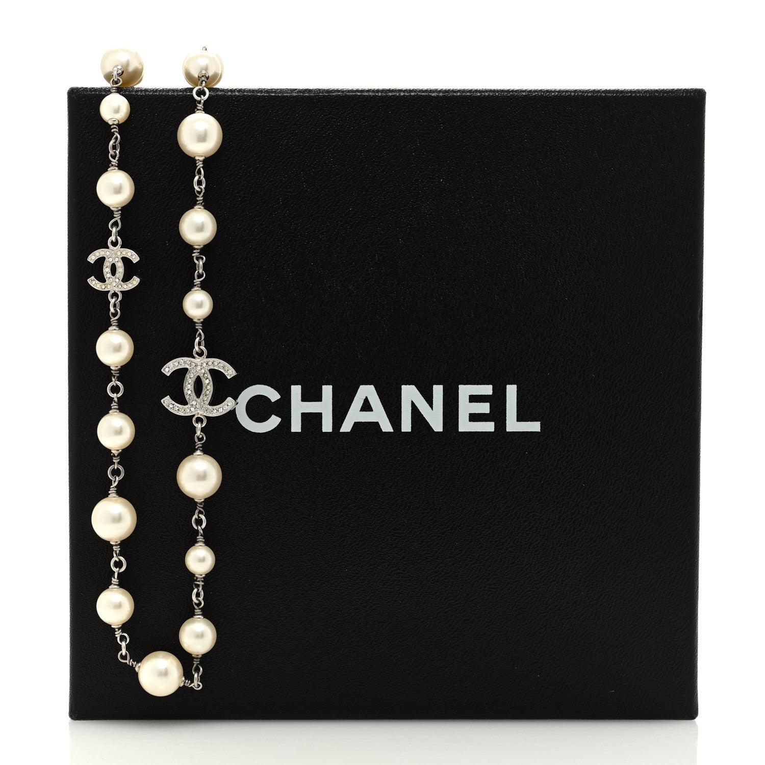 Chanel Graduated Pearl Crystal CC Long Necklace Silver 5 of 5
