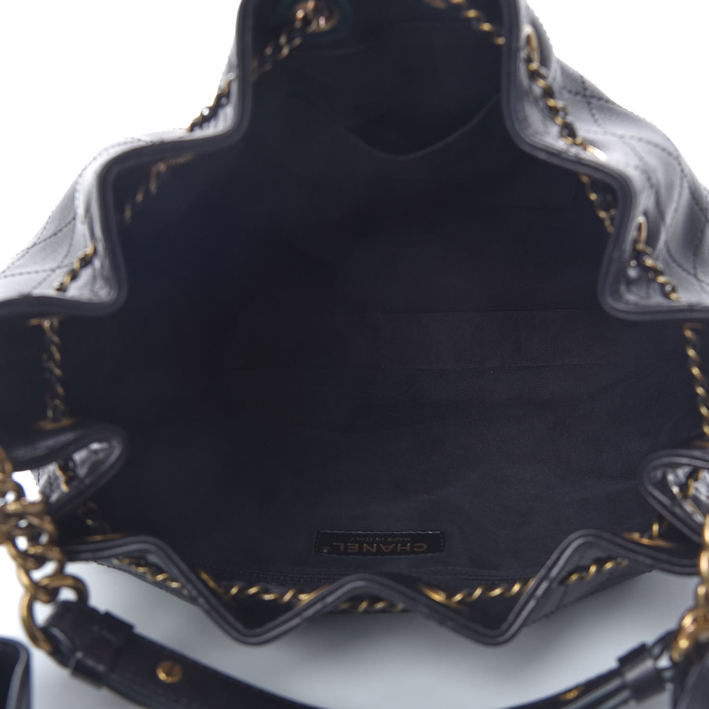 Calfskin Stitched Medium Drawstring CC Bag Black