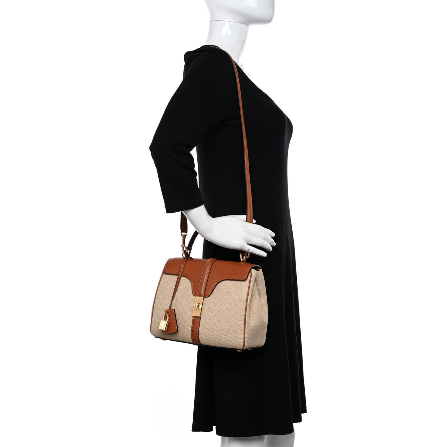 Canvas Calfskin Small 16 Top Handle Bag Natural Tan