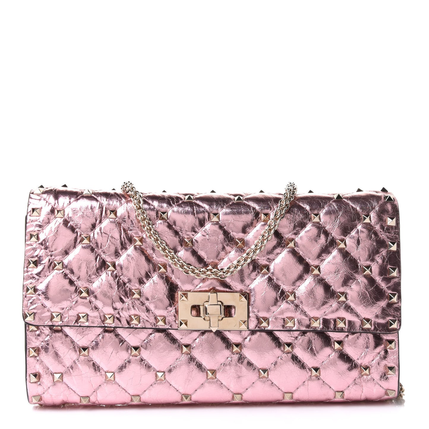 Metallic Wrinkled Lambskin Rockstud Spike Wallet on Chain Lipstick