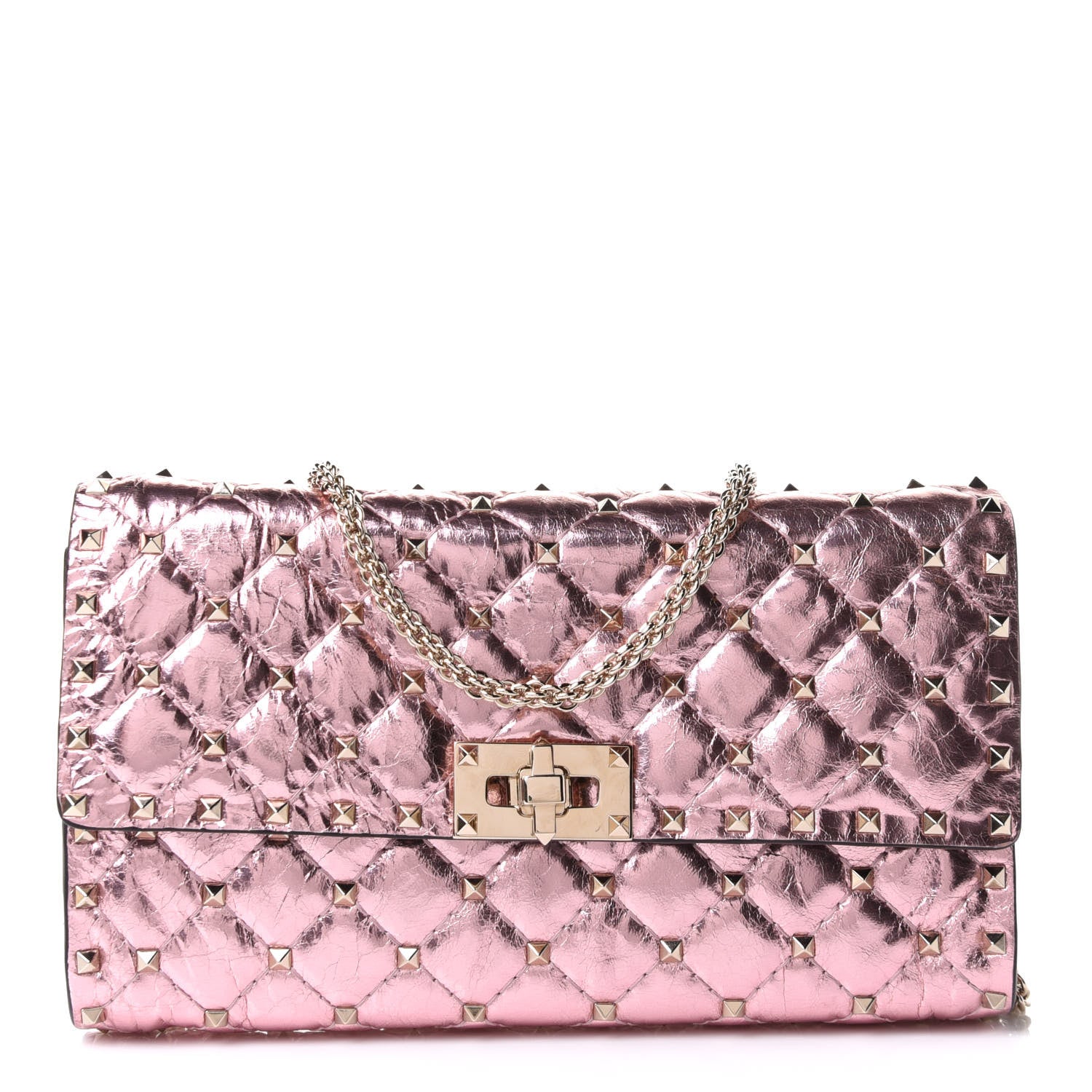 Valentino Garavani Metallic Wrinkled Lambskin Rockstud Spike Wallet on Chain Lipstick 1 of 8