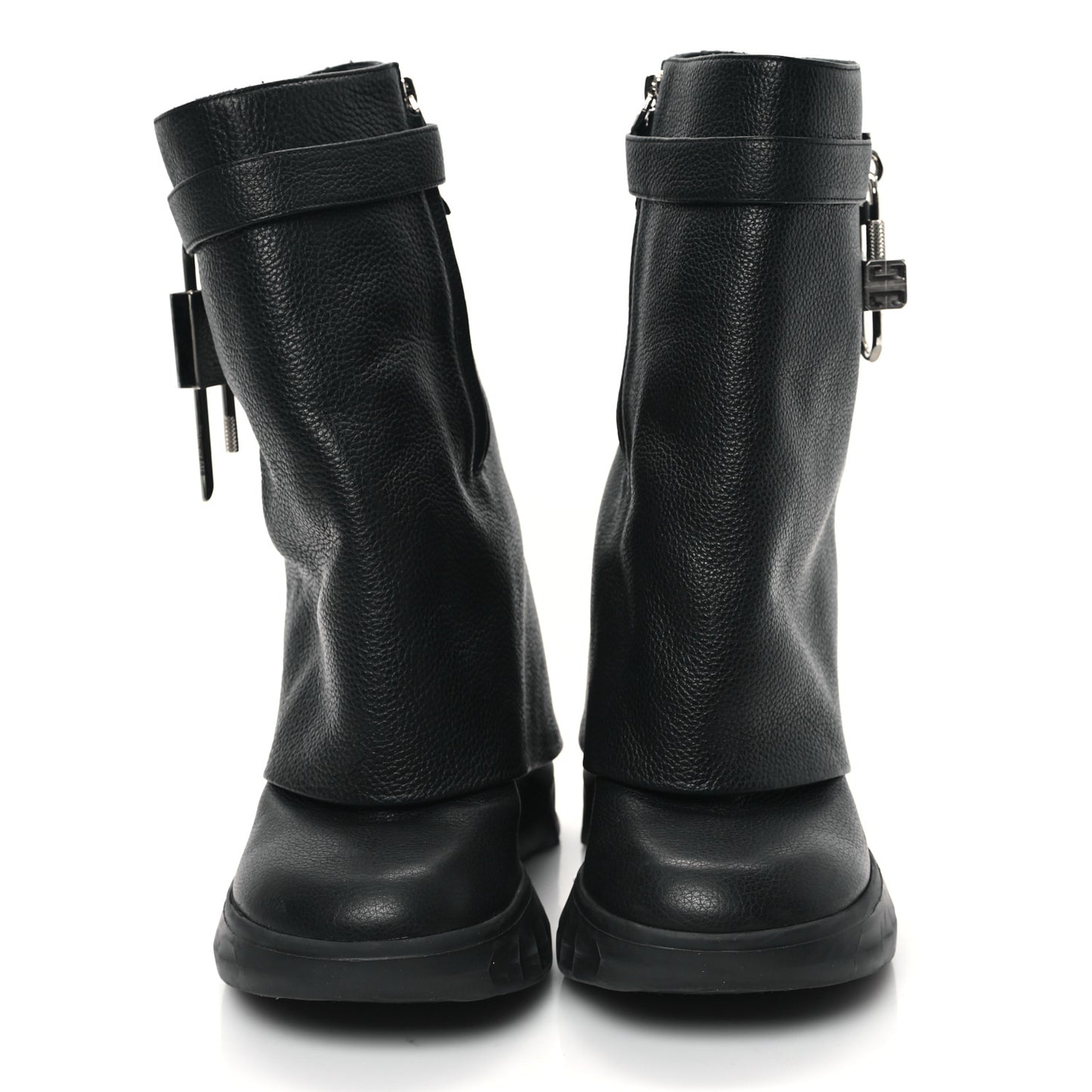 Grained Calfskin Shark Lock Biker Ankle Boots 39 Black