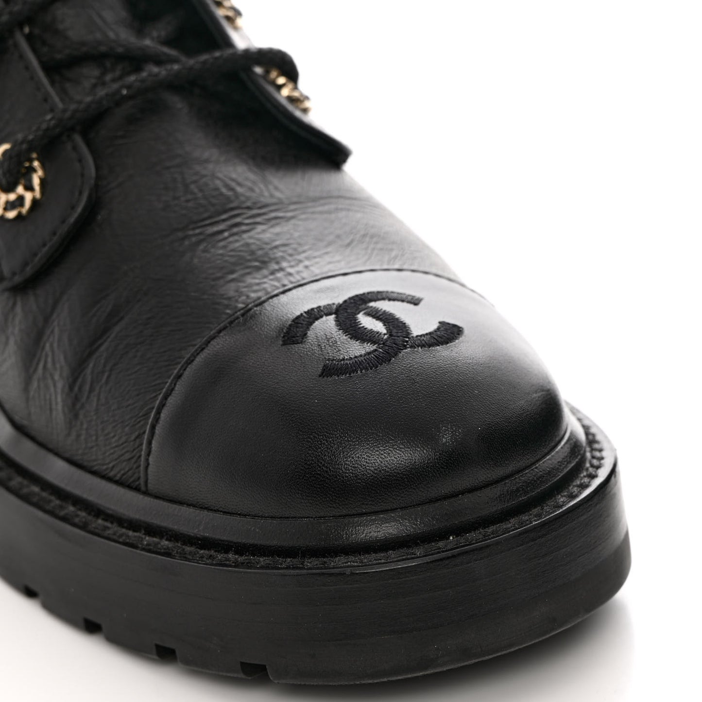 Shiny Calfskin Quilted Lace Up Combat Boots 38 Black