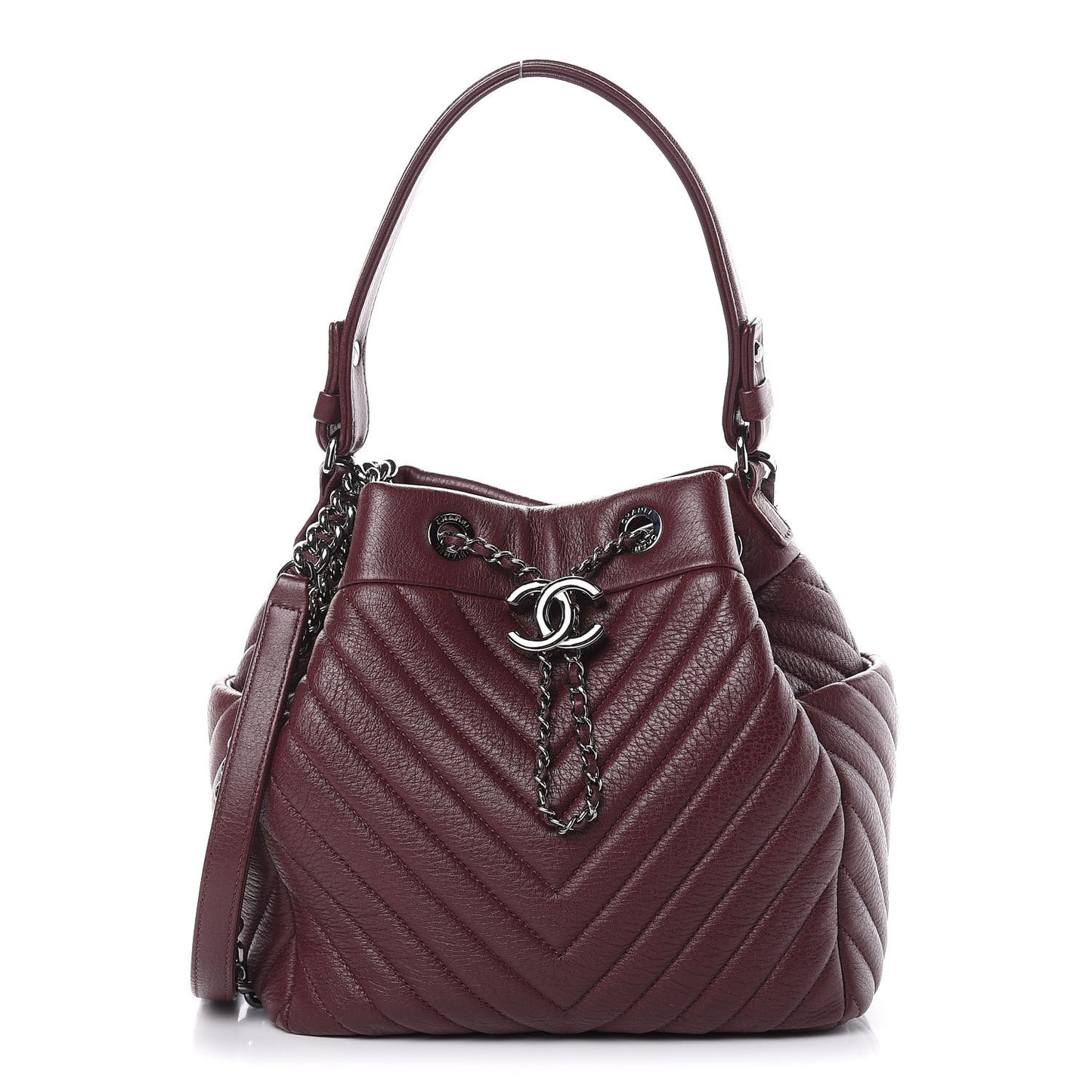 Deerskin Chevron Small CC Chain Bucket Bag Burgundy