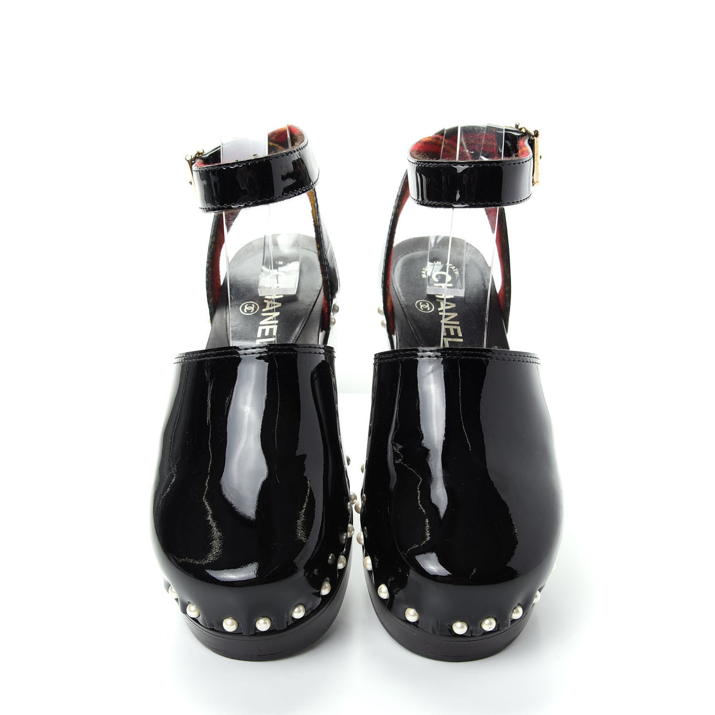 Patent Calfskin Pearl Ankle Strap Clogs 37 Black
